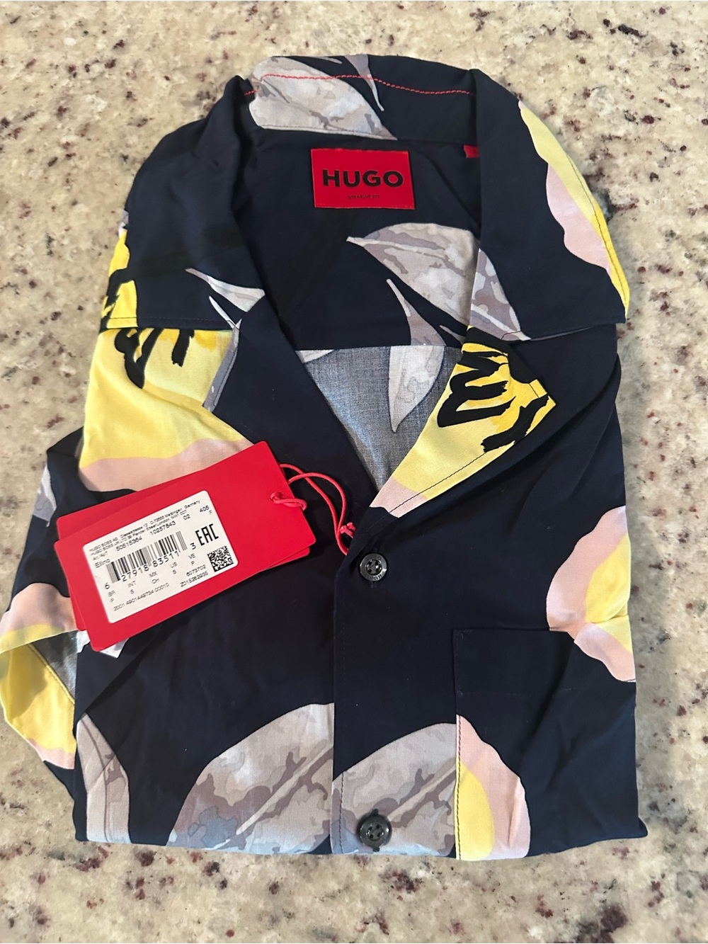 HUGO Navy Floral-Print Lightweight Shirt Jacket with Yellow & Pale Pink Accents